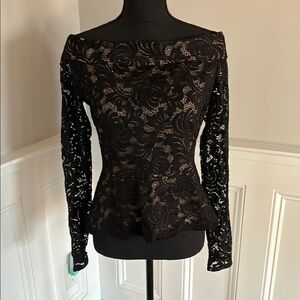 BCBGmaxazria off the shoulder lace peplum top, body with nude lining, size M